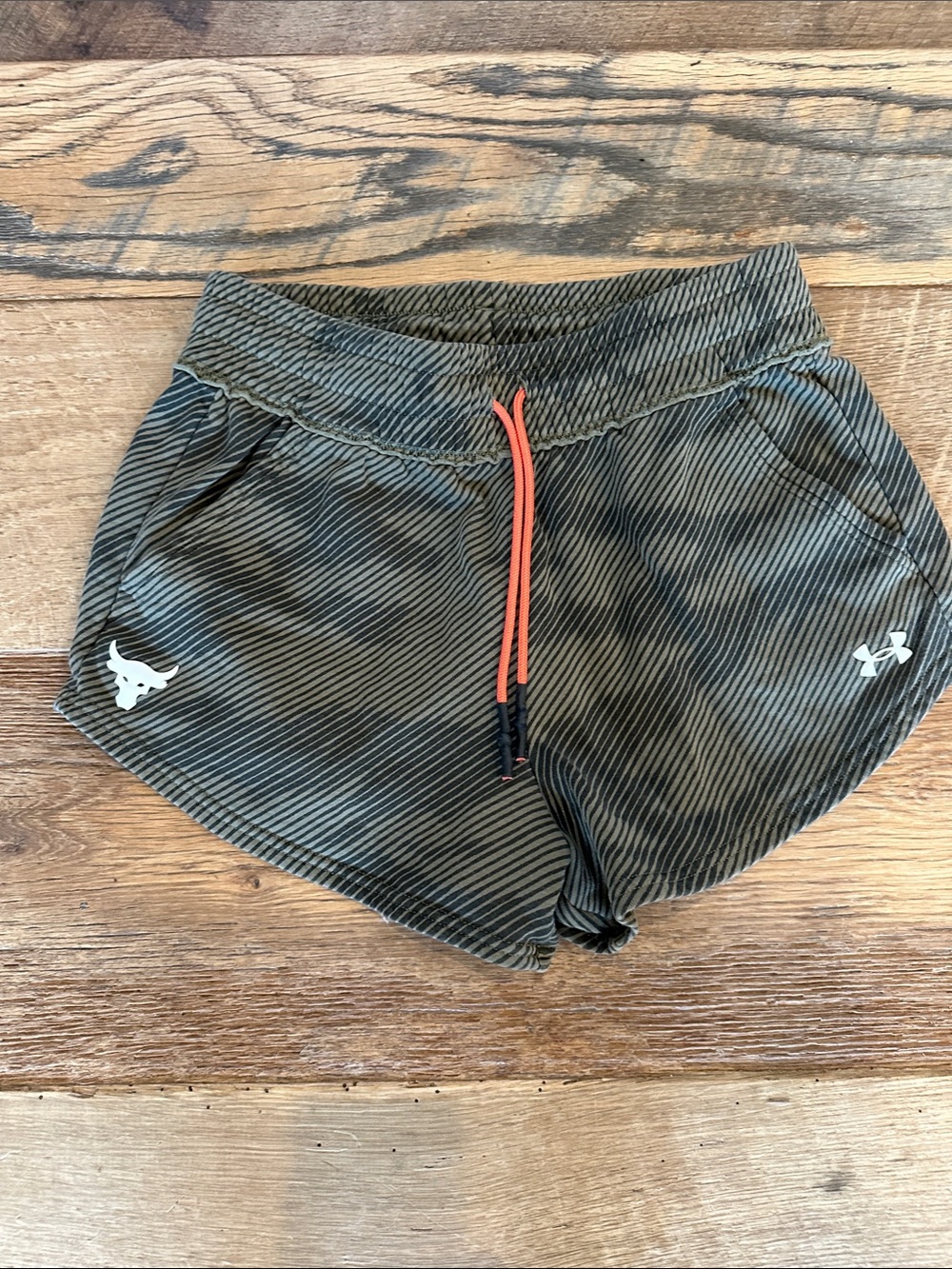 Under Armour Women's Olive Striped Athletic Shorts with Coral Drawstring